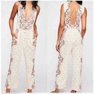 Free People Cream & purple Paisley Setting Sun 100% Cotton Jumpsuit size XS